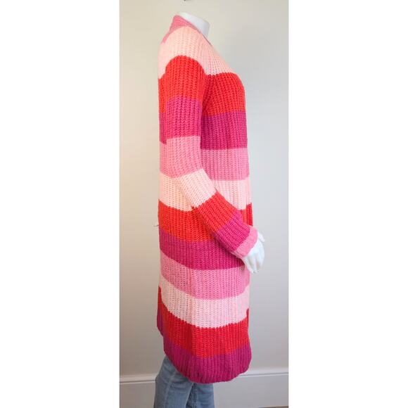 LOFT Red Pink Wide Stripe Open Cardigan Duster Fuzzy Sweater Pockets Size Large - Picture 5 of 9